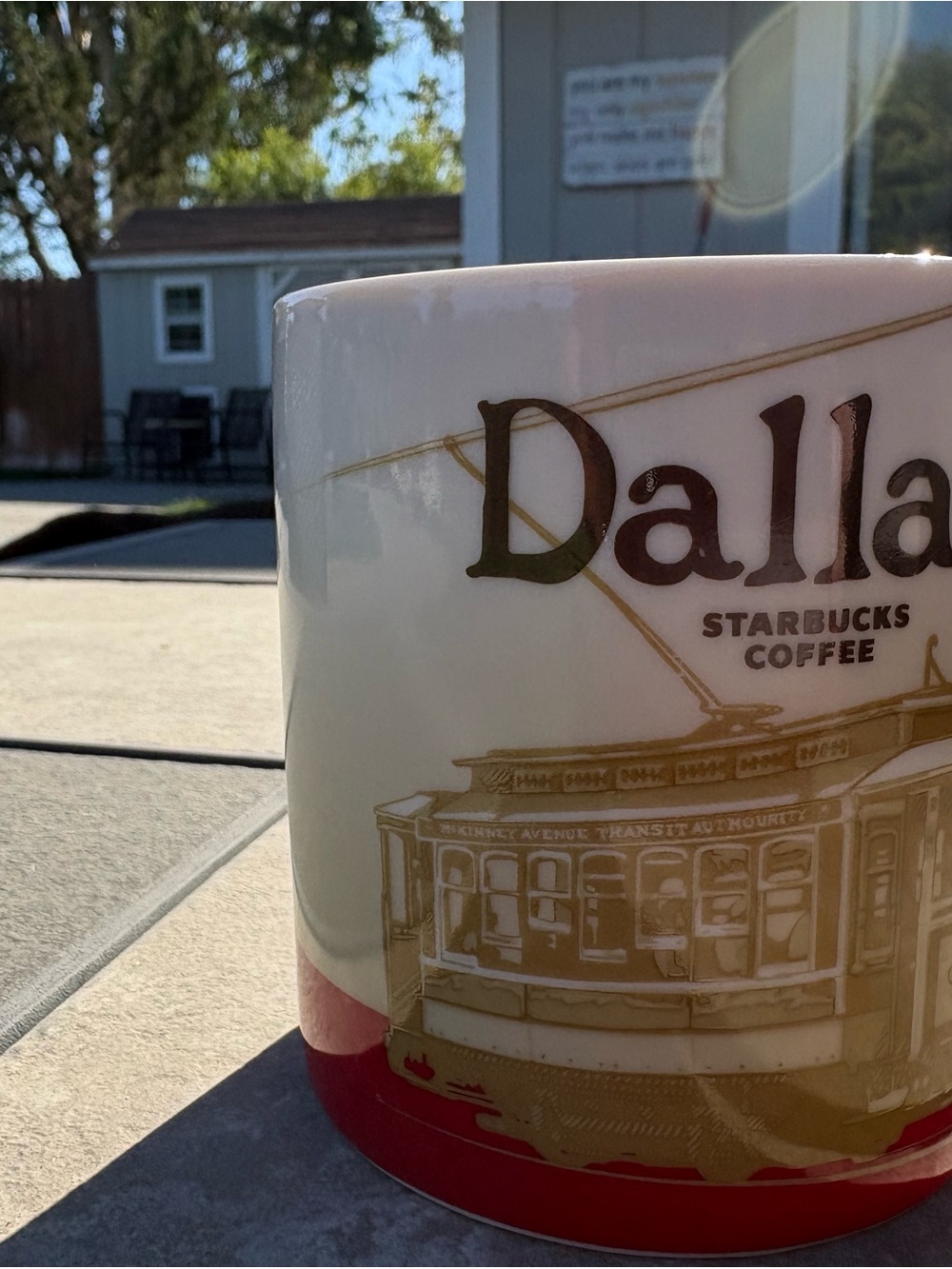 Starbucks White Ceramic Mug with Red Base and Gold Graphic